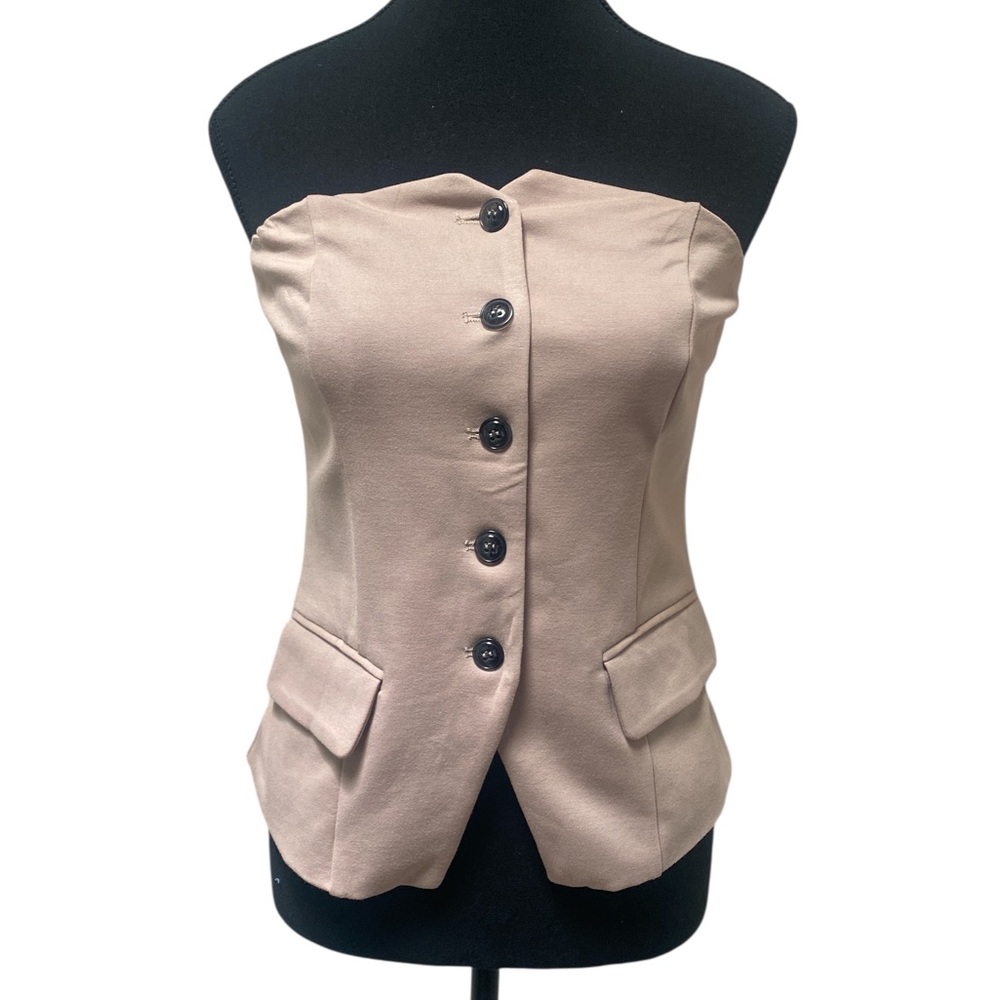 Stylish Tan Strapless Button-Up Top S GUC